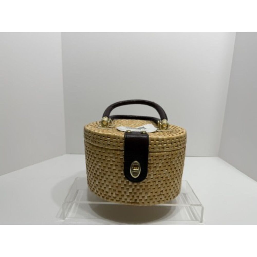 Vintage Lorendana Leather Handles & Clasp Fabric Lined Wicker Basket Handbag NWT